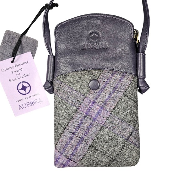 Aurora Handbags - Aurora Orkney Heather Tweed‎ Leather Crossbody Bag Tartan Plaid Cell Phone Purse